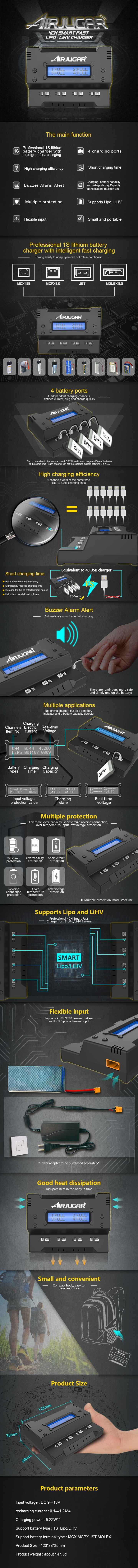 4CH 1S Intelligent Smart Fast Charging Lipo LiHv Battery Charger XT60/JST/MCX/MCPX/MOLEX Plug